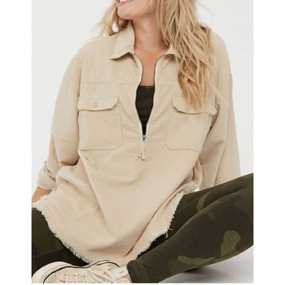 Aerie Corduroy Quarter Zip Jacket Shacket size L Cream - Picture 1 of 15